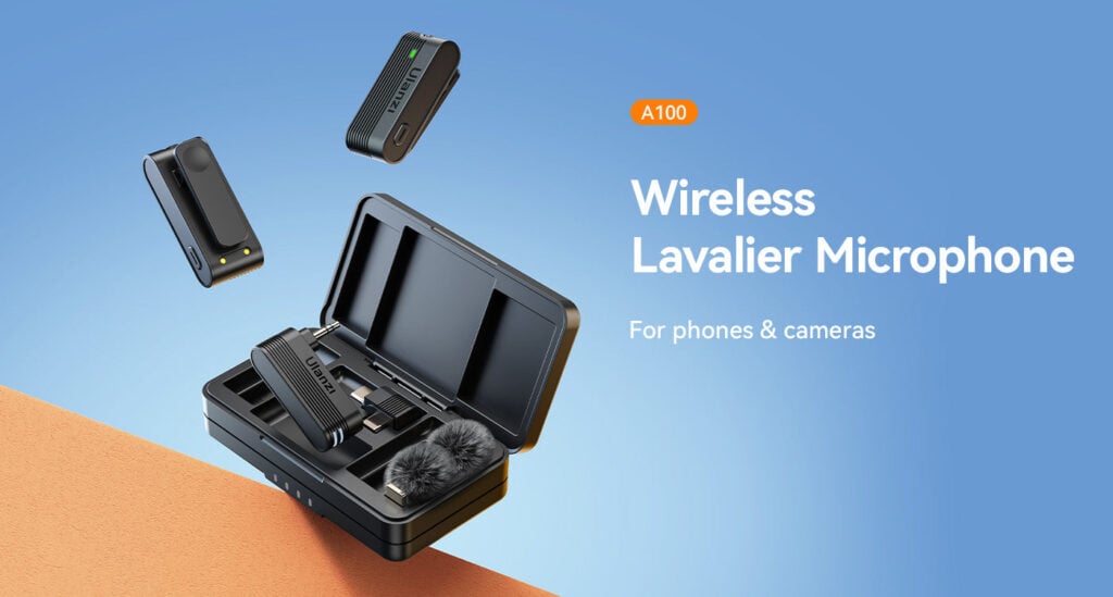 Ulanzi A100 wireless lavalier microphone kit for phones and cameras, including transmitter, receiver, and protective case. Perfect for high-quality audio recording.