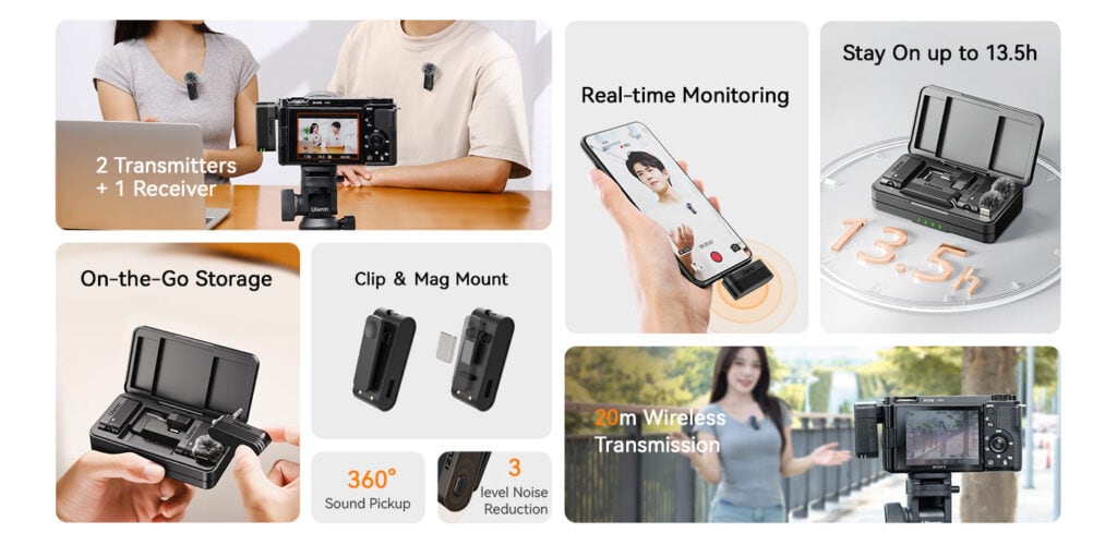 Wireless Lavalier Microphone with real-time monitoring and 13.5-hour battery life. Compact design with on-the-go storage, clip, and magnetic mount for versatile use.