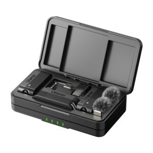 Ulanzi A100 wireless lavalier microphone kit showing dual clip-on transmitters with 800mAh charging case for 13.5-hour total battery life