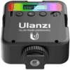 Ulanzi VL49 RGB light rear panel close-up showing LCD display screen, 2000mAh battery indicator, and quarter-inch mounting thread