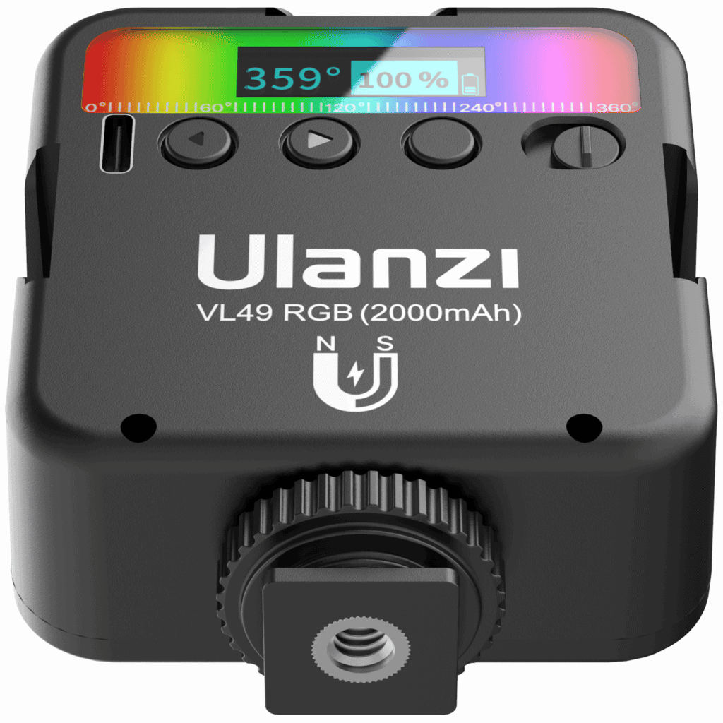 Ulanzi VL49 RGB light rear panel close-up showing LCD display screen, 2000mAh battery indicator, and quarter-inch mounting thread