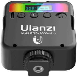 Ulanzi VL49 RGB light rear panel close-up showing LCD display screen, 2000mAh battery indicator, and quarter-inch mounting thread