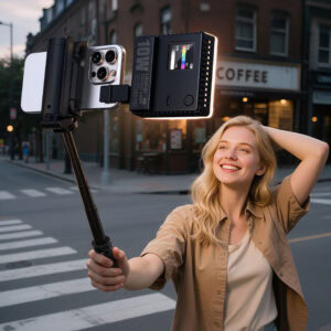 Content creator using Ulanzi C10RGB LED video light for outdoor filming with adjustable RGB lighting to enhance video quality