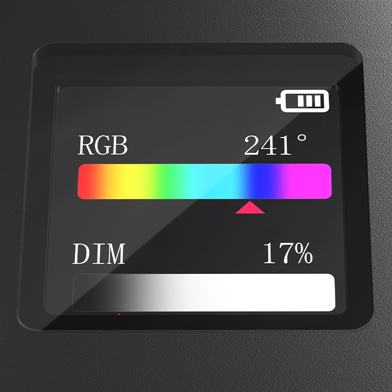 RGB LED light control panel with colour spectrum and brightness settings for video production.