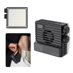 Ulanzi LE20 20W Pocket RGB Video Light showing front LED panel, rear controls with cooling fan, and pocket-sized portability demonstration