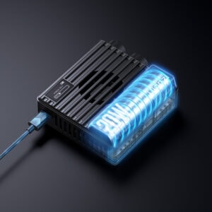 Ulanzi LE20 with USB-C cable plugged in showing 5000mAh rechargeable battery and PD fast charging capability with blue battery indicator glow