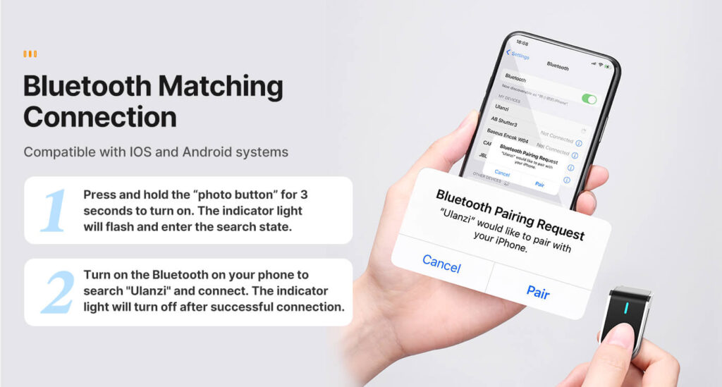 Wireless Bluetooth remote control for Ulanzi MA09 selfie stick compatible with smartphones and action cameras. Easy pairing with iOS and Android devices for hands-free photos and videos.