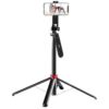 Ulanzi MA09 bluetooth selfie stick tripod fully extended with smartphone mounted in landscape mode, tripod legs spread open with red accent hinges