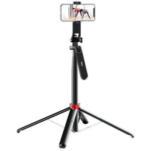 Ulanzi MA09 bluetooth selfie stick tripod fully extended with smartphone mounted in landscape mode, tripod legs spread open with red accent hinges