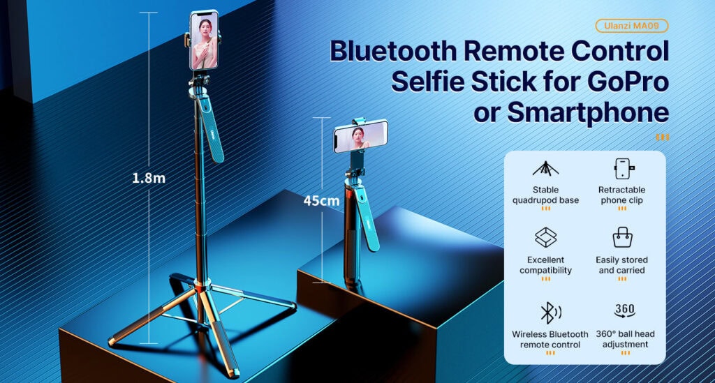 Quality Bluetooth remote control selfie stick compatible with GoPro and smartphones for stable selfies and videos.