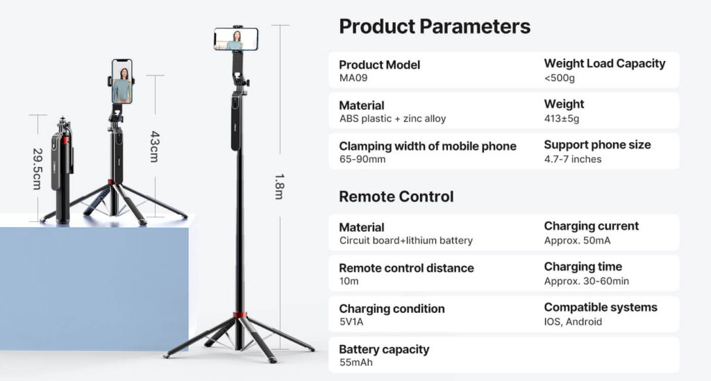 Wireless Bluetooth remote control selfie stick for smartphones and action cameras, featuring adjustable tripod, lightweight design, and long-distance remote control for easy selfies and videos.