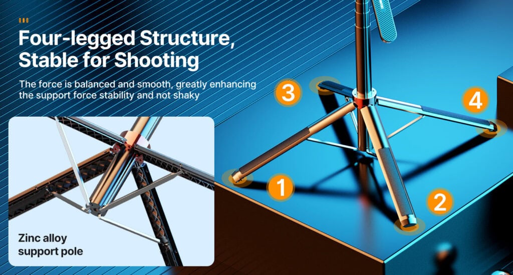 Bluetooth remote control selfie stick for action cameras and smartphones.