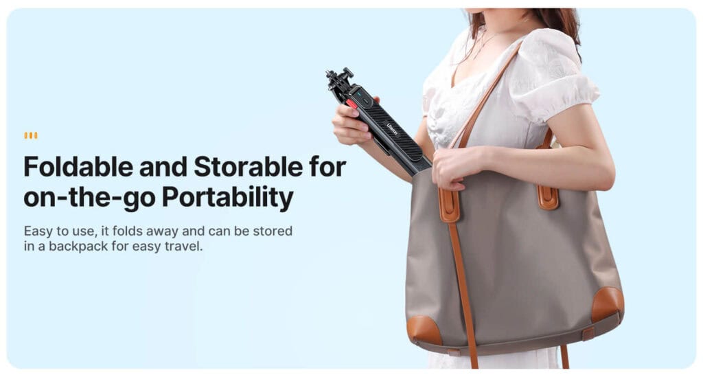 Compact Ulanzi MA09 Bluetooth remote control selfie stick for action cameras and smartphones, featuring foldable design for easy portability and travel convenience.