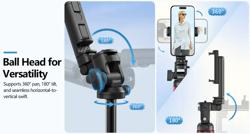 Versatile Ulanzi MT-78 tripod featuring quick-release mechanism and cold shoe mount for easy accessory attachment. Supports 360° rotation and 180° tilt for flexible shooting angles.