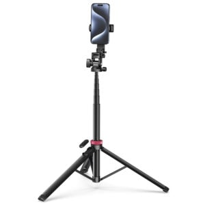 Ulanzi MT-78 quick-release tripod fully extended with smartphone mounted, featuring ball head, red locking ring, and three-leg stable base