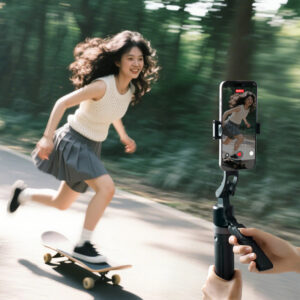 Ulanzi TT23 in action - handheld selfie stick mode tracking a skateboarder outdoors, demonstrating real-time AI face tracking for action content creation