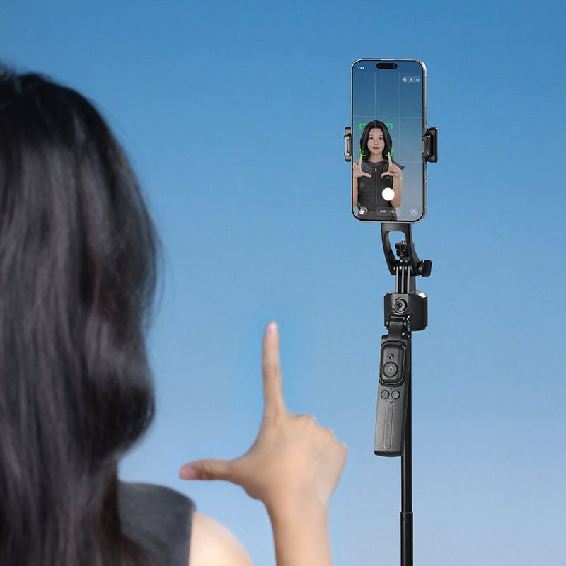 Tracking selfie stick with tripod for smartphones.