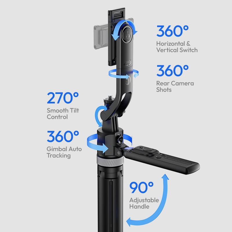 Tracking selfie stick with 360° rotation and adjustable handle.