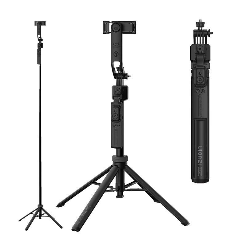 Ulanzi TT23 Auto-Tracking Selfie Stick Tripod shown in three configurations - fully extended tripod mode, close-up of AI tracking head with phone clamp, and compact collapsed selfie stick form
