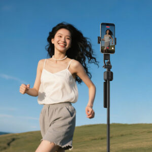 Ulanzi TT23 selfie stick mode used for outdoor fitness vlogging, auto-tracking a runner across a grassy hillside with phone screen showing tracked subject