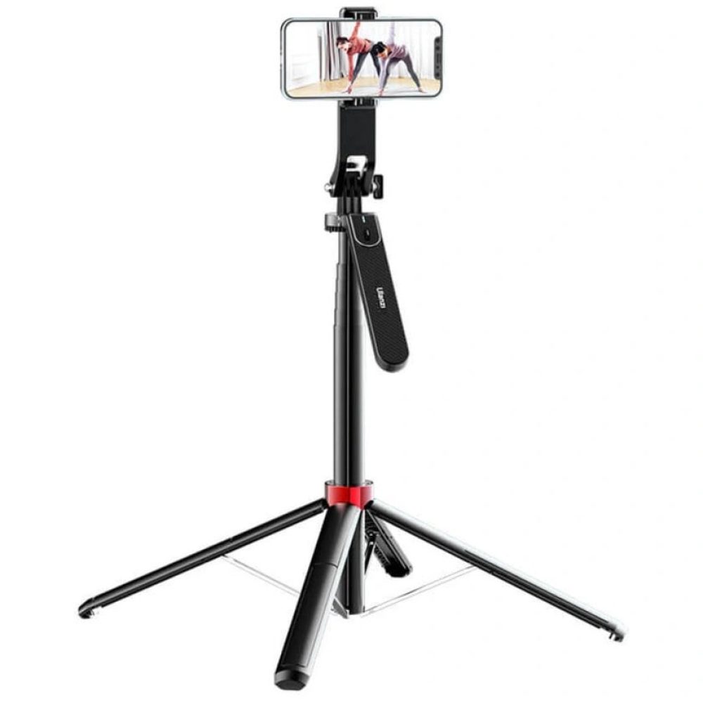 Ulanzi MA09 bluetooth selfie stick tripod fully extended with smartphone mounted in landscape mode, tripod legs spread open with red accent hinges