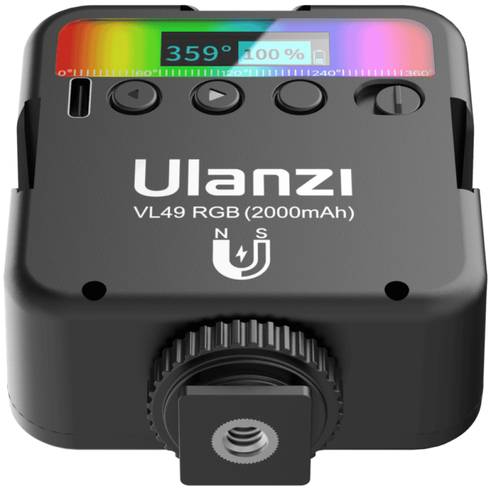 Ulanzi VL49 RGB light rear panel close-up showing LCD display screen, 2000mAh battery indicator, and quarter-inch mounting thread